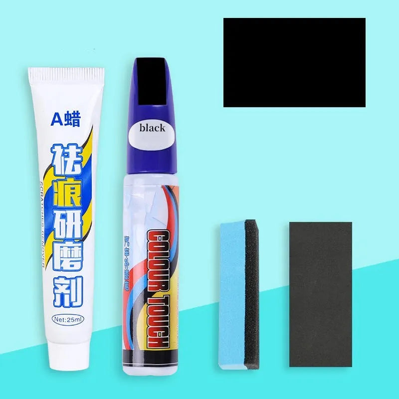 Automotive paint repair pen and scratch removal fluid 4-piece set for car touch-ups.
