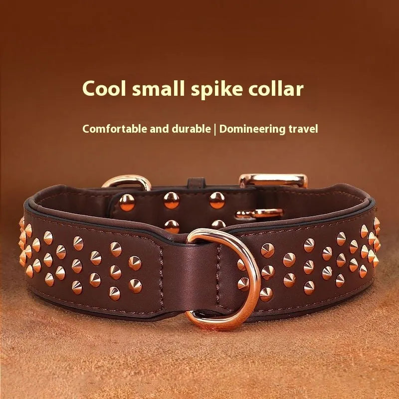 Black leather dog collar with metal anti-bite rivets shown on a size L tag.