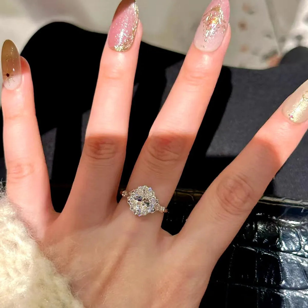 Silver geometric ellipse diamond ring with adjustable opening for women
