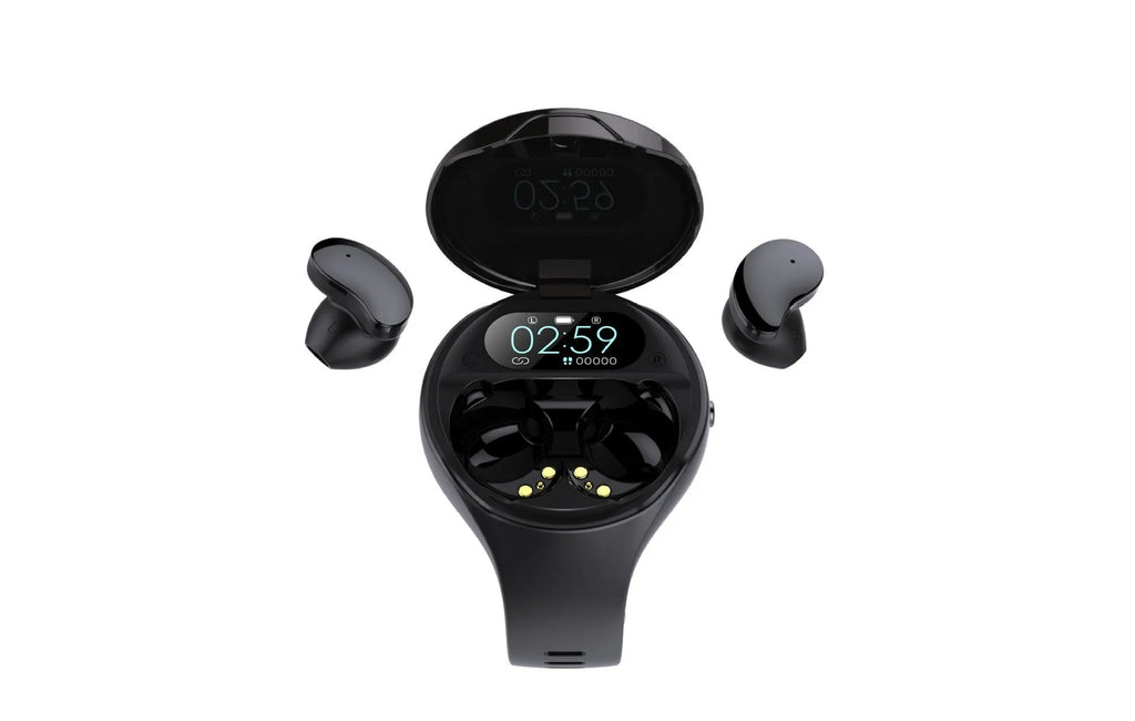 Black smart bracelet with detachable Bluetooth earphones showing colour screen display