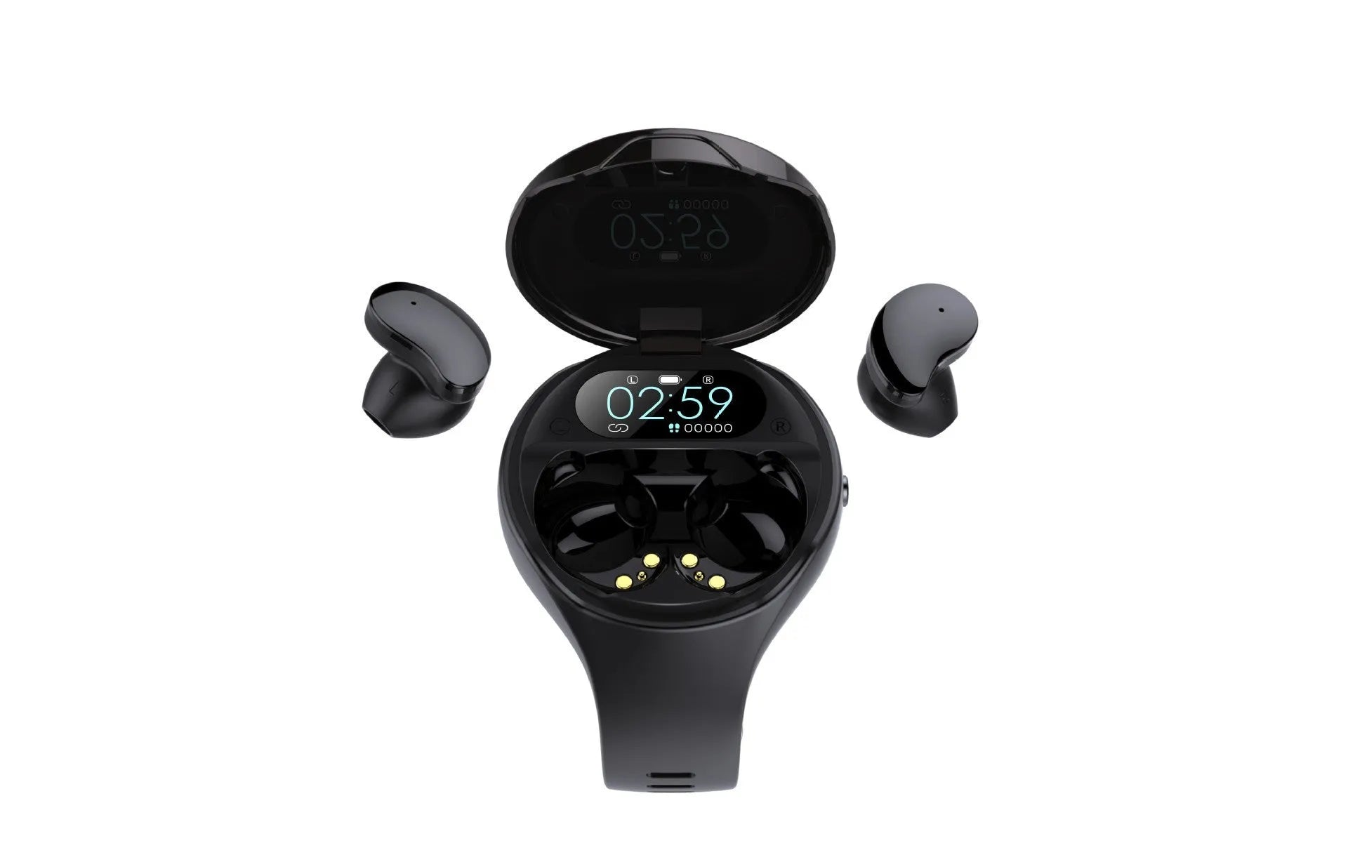 Black smart bracelet with detachable Bluetooth earphones showing colour screen display