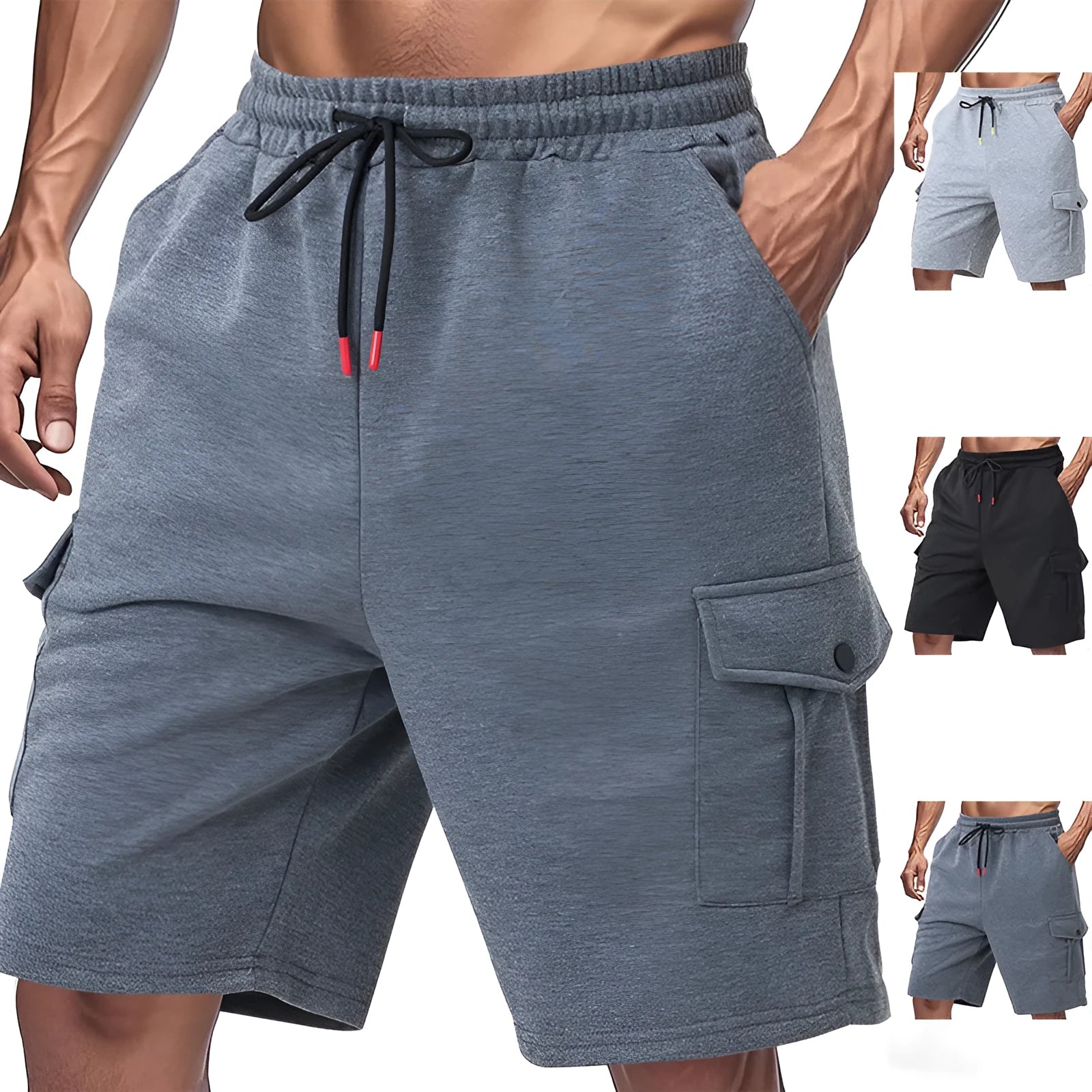 Casual cargo shorts with multiple pockets in light grey towel fabric with micro elasticity