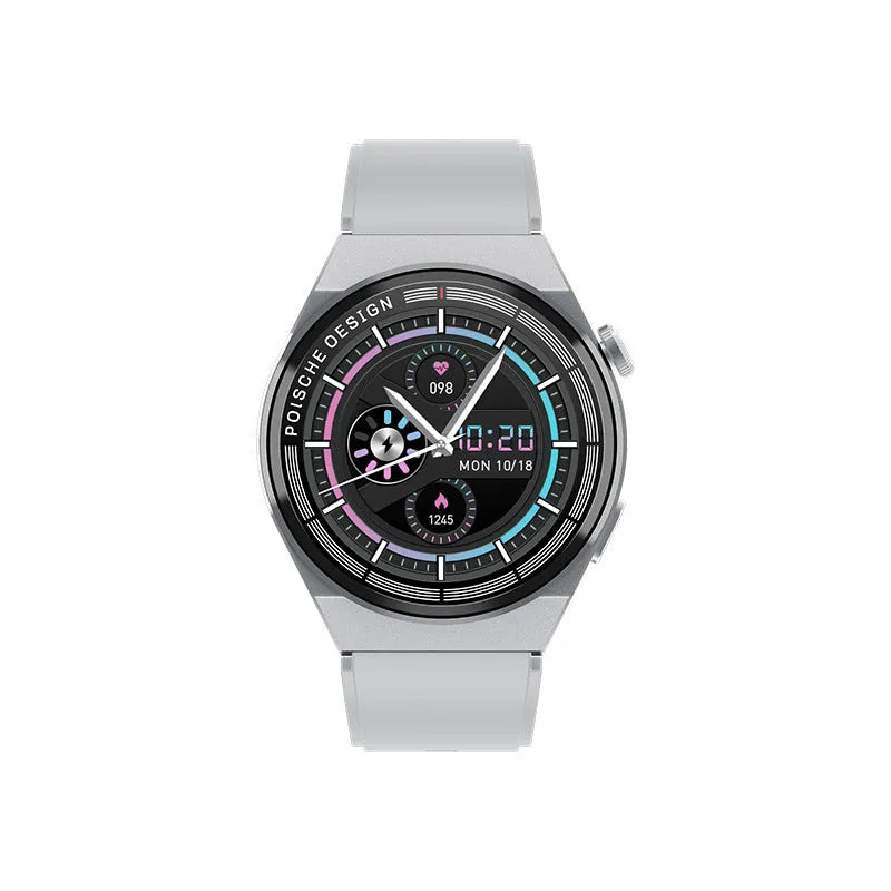 Black Bluetooth smartwatch with a circular 1.39-inch screen on a silicone strap, showing NFC payment and blood glucose monitoring interface.