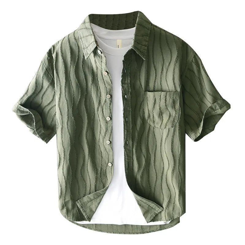Men's pure cotton short sleeve casual shirt in Japanese fresh style, loose fit, apricot colour option