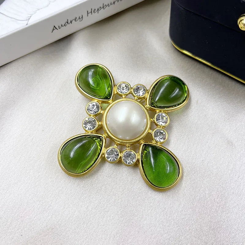 Medieval baroque cross crystal brooch in zinc alloy with vintage styling