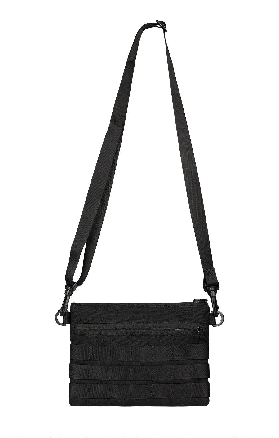 Black military-style Oxford cloth waist bag shown closed, measuring 18cm.