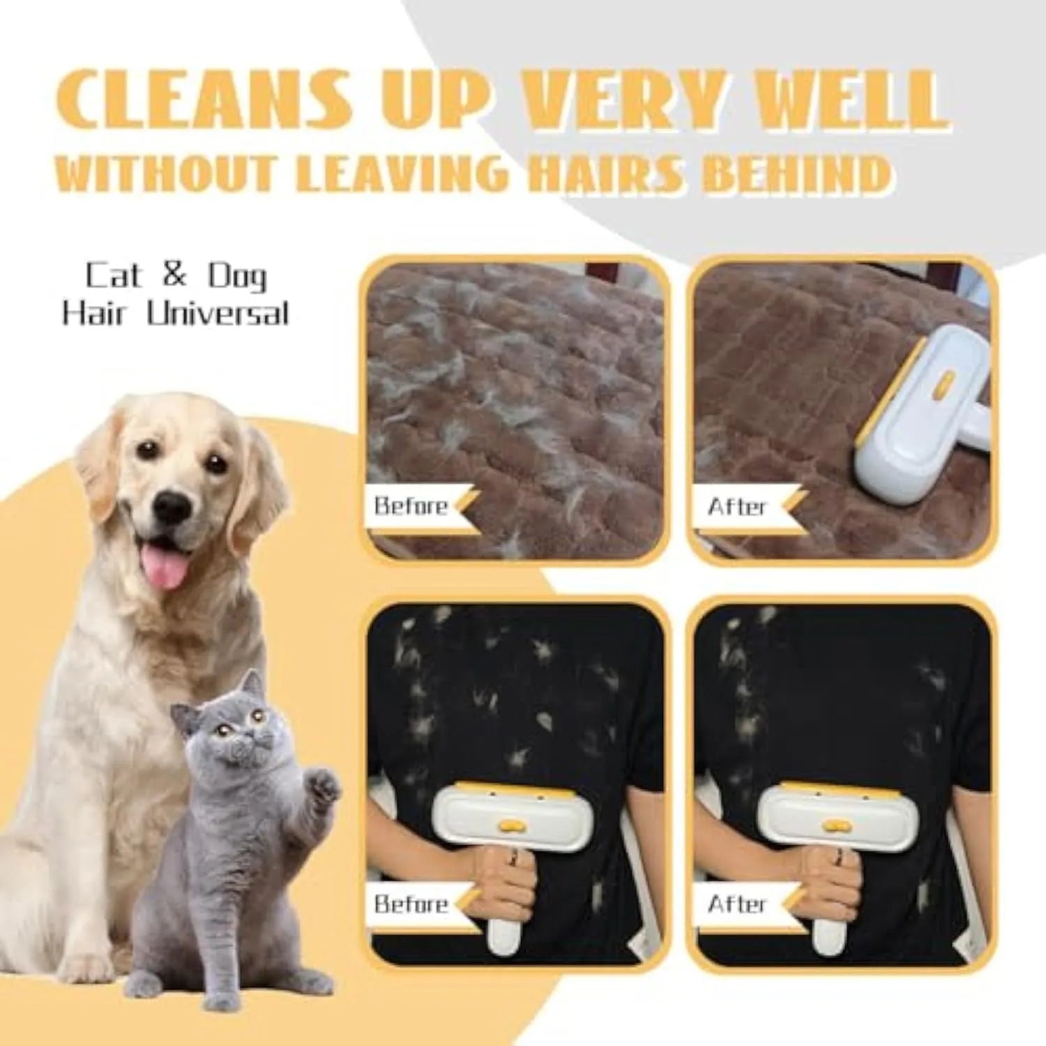 White portable pet hair remover brush with yellow duck design showing 4cm diameter