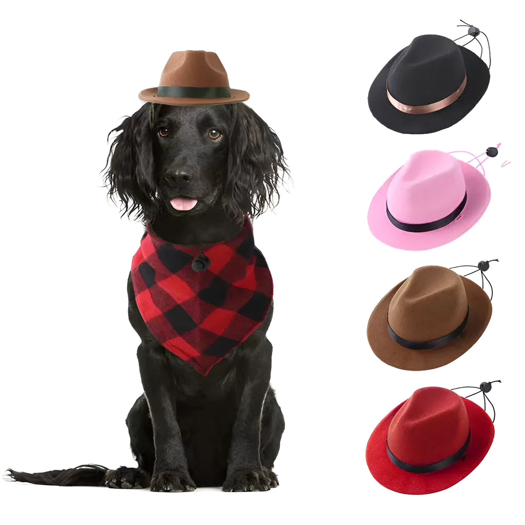 Handmade wool felt mini hat for small pets in black, brown, pink or red with denim stitching