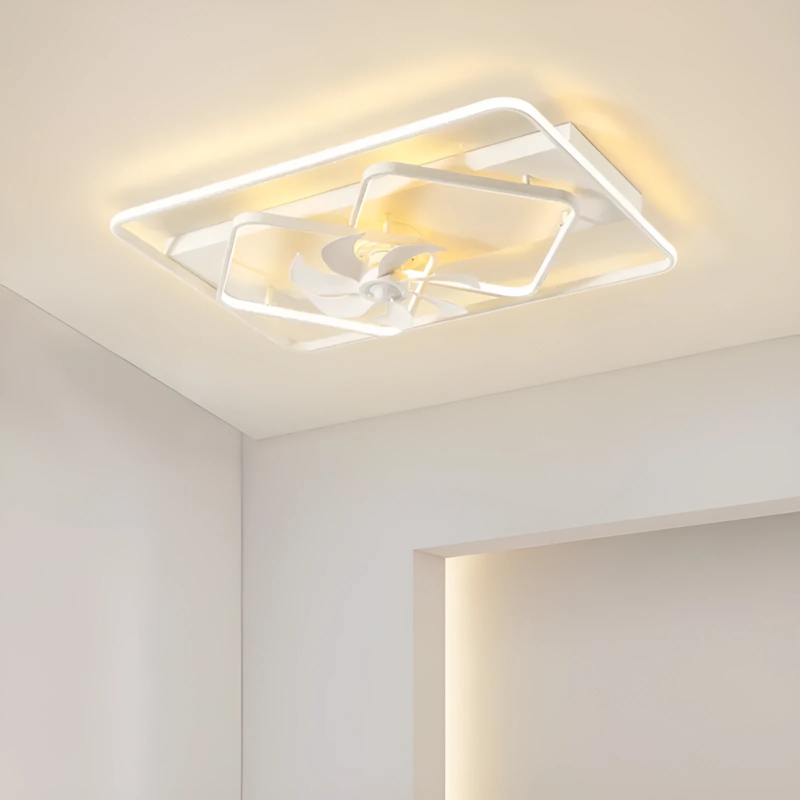 Modern thin suction ceiling fan light with acrylic lampshade and plastic blades for bedroom or living room.