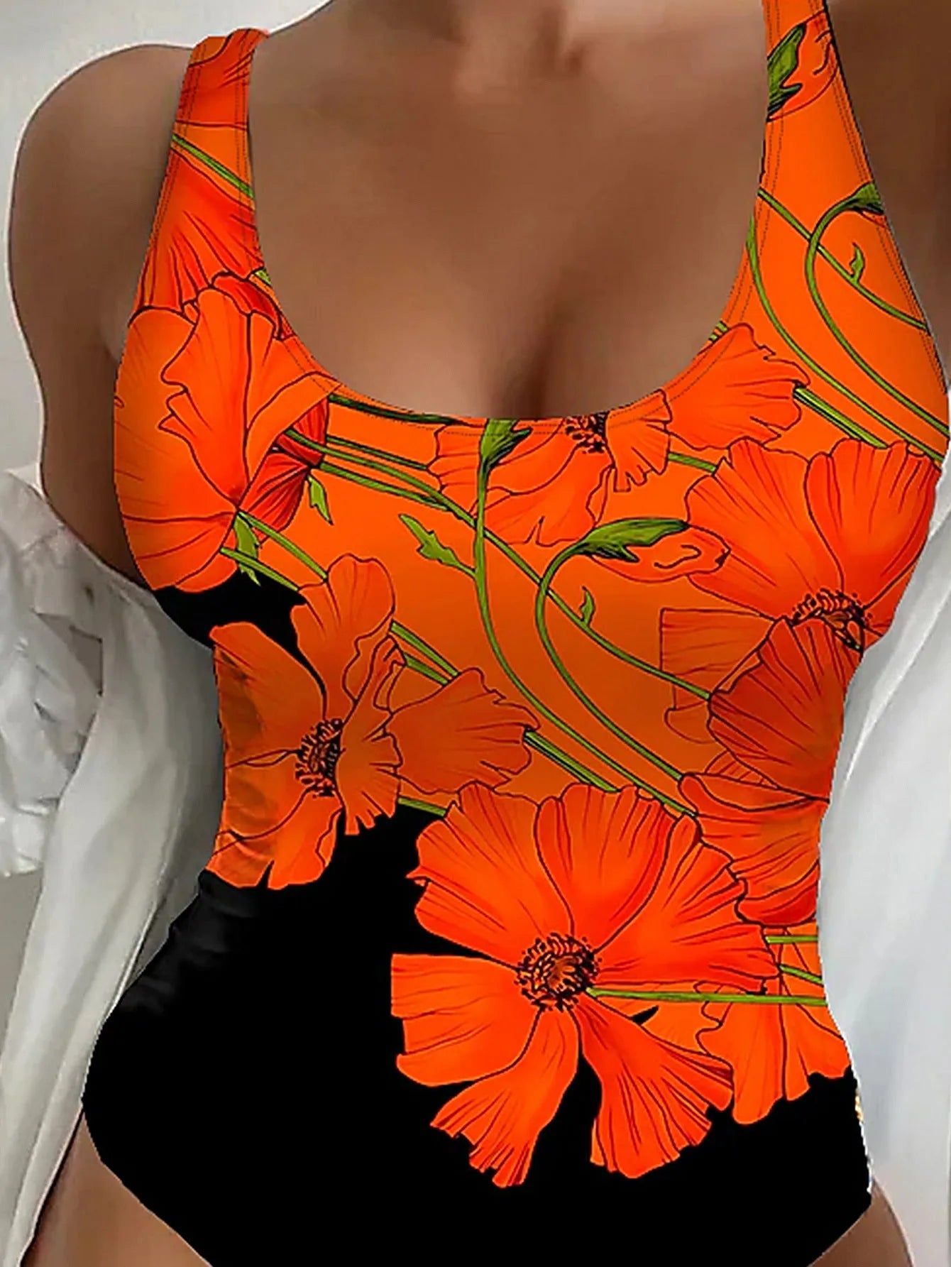 Orange flowers printed backless one-piece swimsuit with slim fit design