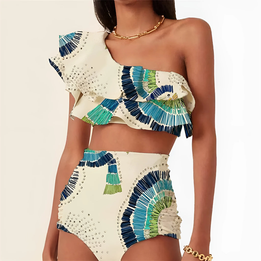 White women's one-shoulder bikini with lotus leaf detail and high-leg split design