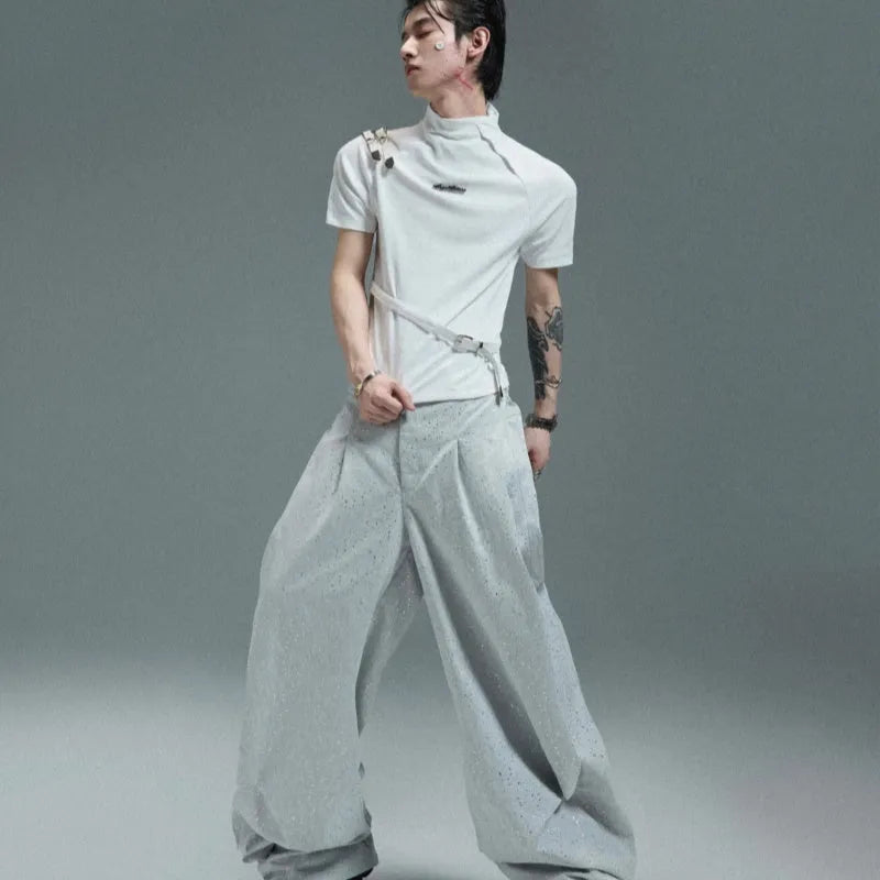 Men's black slim fit cotton T-shirt with metal belt detail on stand-up collar and short sleeves