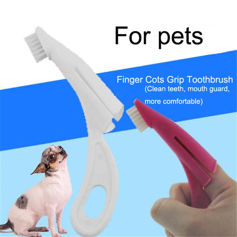 Red and white pet finger toothbrush for dog and cat dental cleaning with silicone bristles