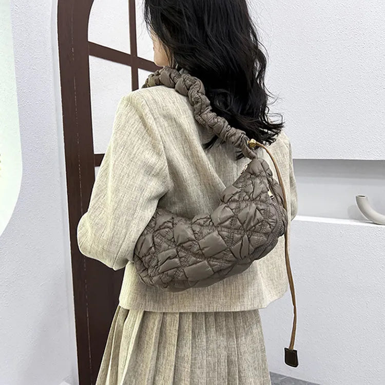 Women's casual nylon underarm shoulder bag in beige with adjustable strap, showing 35cm width
