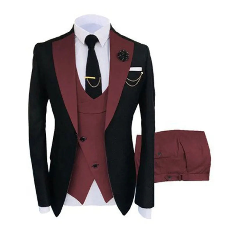 Men's slim fit cotton three-piece suit in light business style for weddings, showing coat, vest, and trousers.