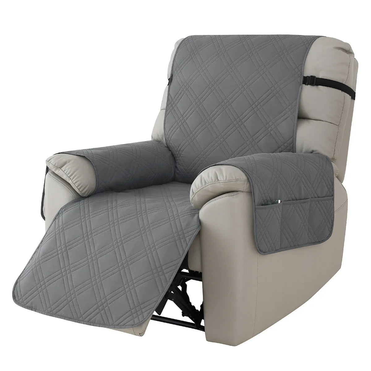Quilted waterproof sofa cover for a Chivas massage chair in a navy blue colour.