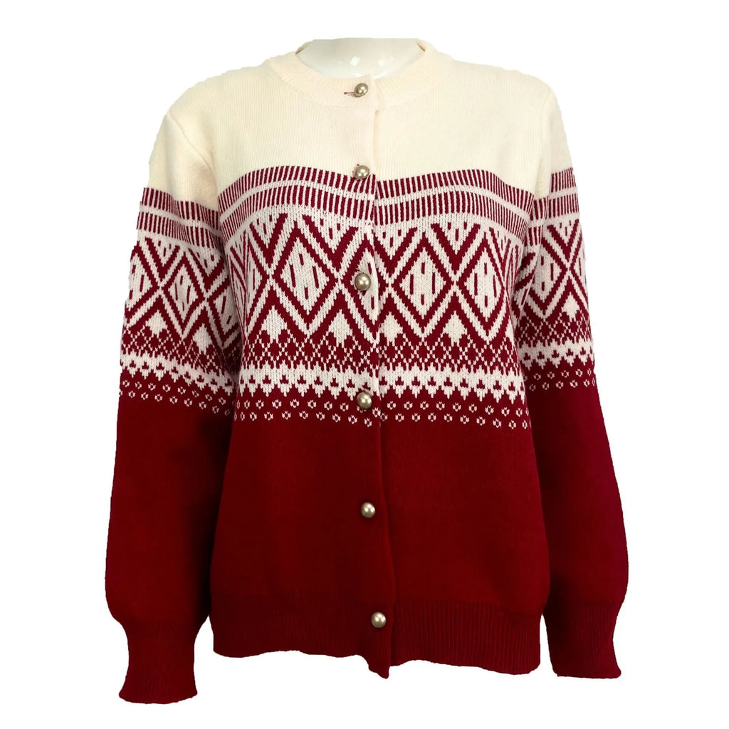 Women's red alpaca wool cardigan with diamond knit pattern and long sleeves
