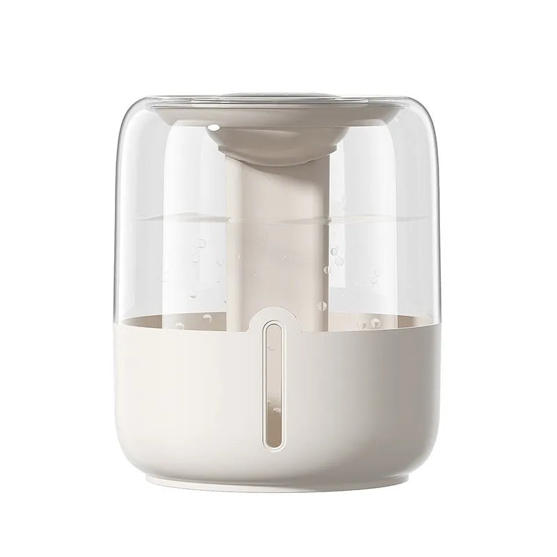 Beige round USB-powered humidifier with dual spray mist outlets and a digital humidity display.