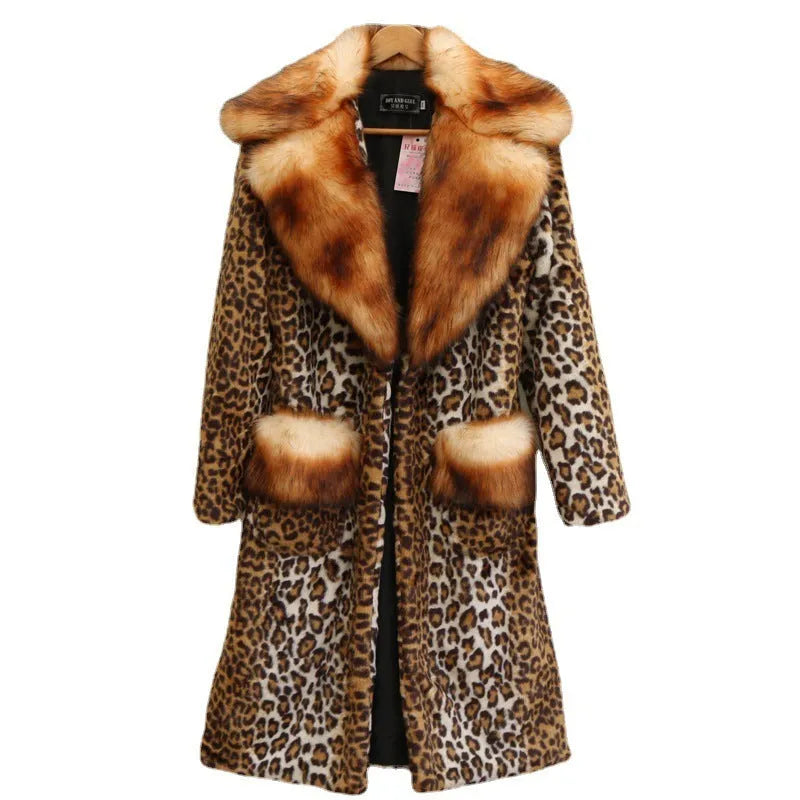 Women's long leopard print artificial fur jacket with regular sleeves on a model.