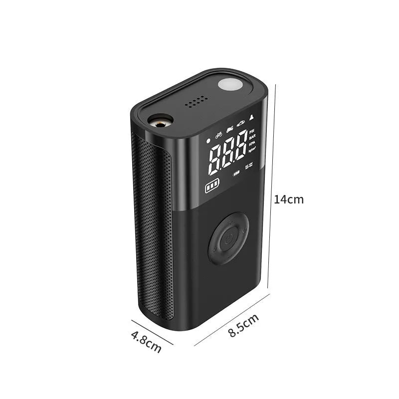 Black handheld wireless digital air pump with LCD screen and LED light, with assorted inflation nozzles