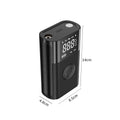Black handheld wireless digital air pump with LCD screen and LED light, with assorted inflation nozzles