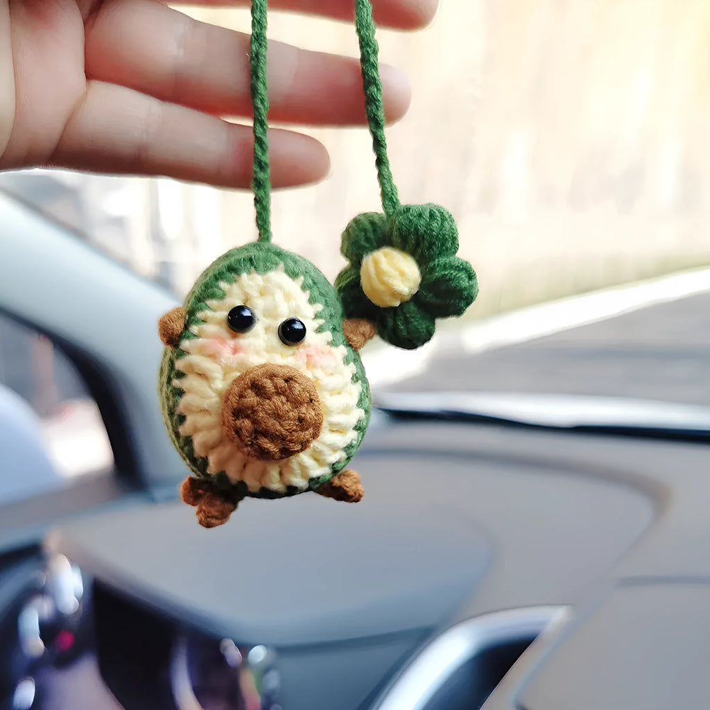 Handmade crocheted car pendant in avocado green, pink rainbow pattern or red rainbow colours