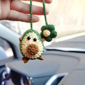 Handmade crocheted car pendant in avocado green, pink rainbow pattern or red rainbow colours