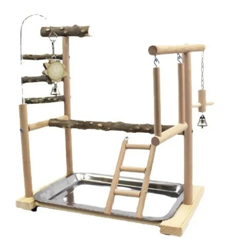 Natural pepper wood parrot toy stand pole with mounting points for bird accessories.