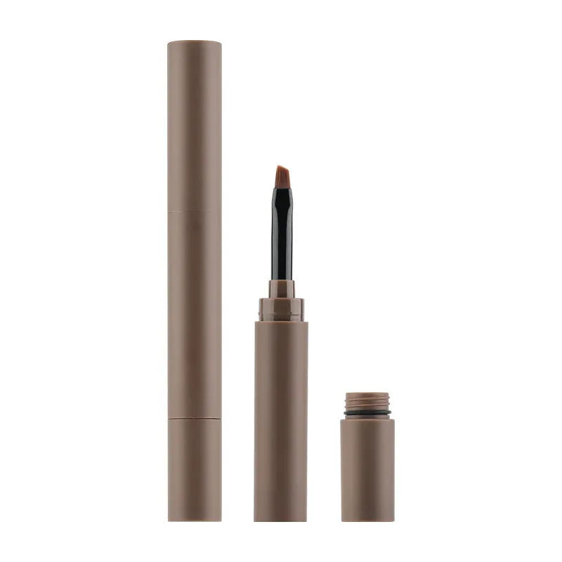 Double-headed eyebrow cream tube shown next to swatches of its five colours: reddish brown, brown, light brown, dark brown, and black.