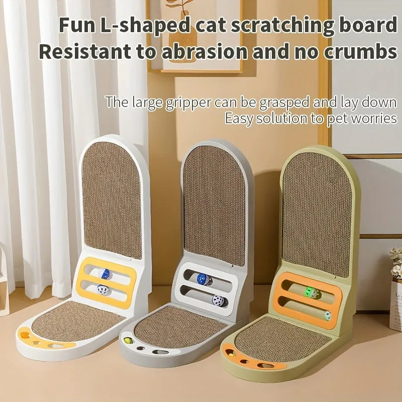 Grey L-shaped cat scratching board with vertical corrugated cardboard panel and sisal rope base.