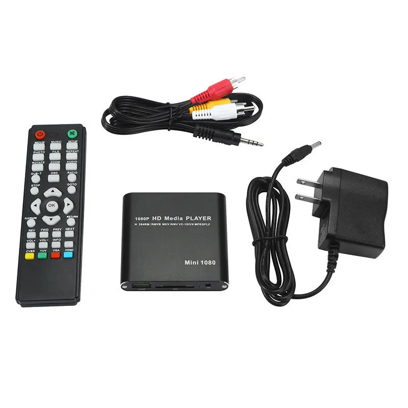 Compact black or blue 1080P Full HD media player with HDMI, SD, and USB ports