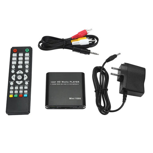 Compact black or blue 1080P Full HD media player with HDMI, SD, and USB ports