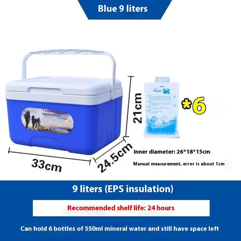 Blue aluminium foil portable insulated cooler with lid for outdoor use.