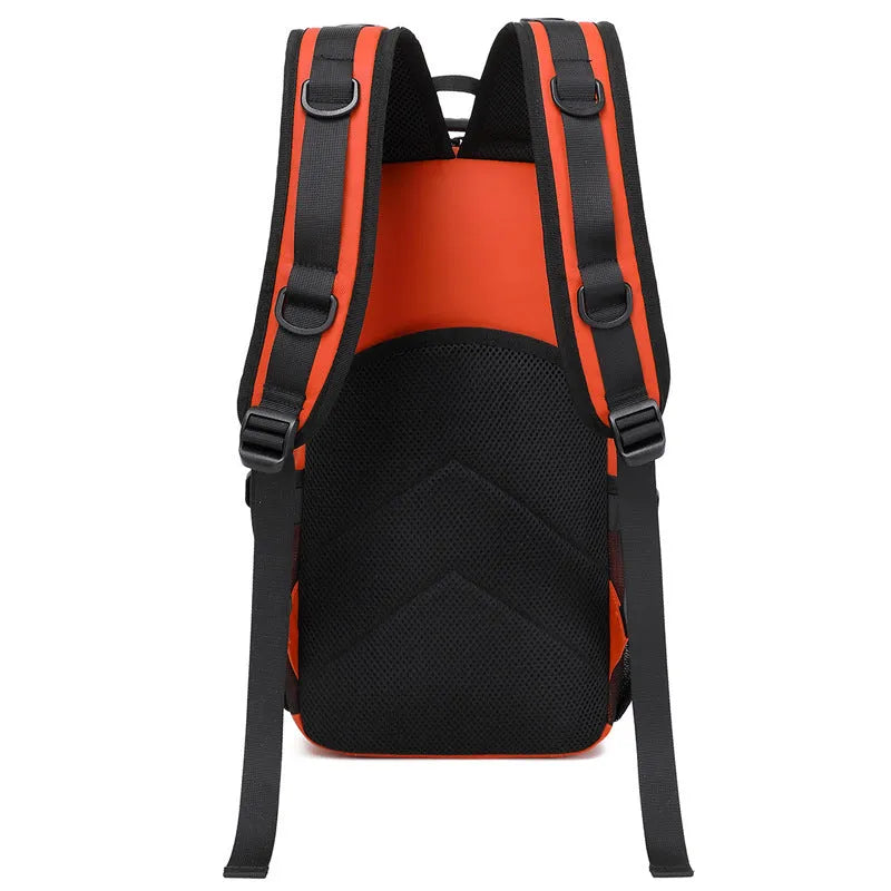 Orange and black colour options of a 20-35 litre Derm outdoor backpack for hiking and camping.