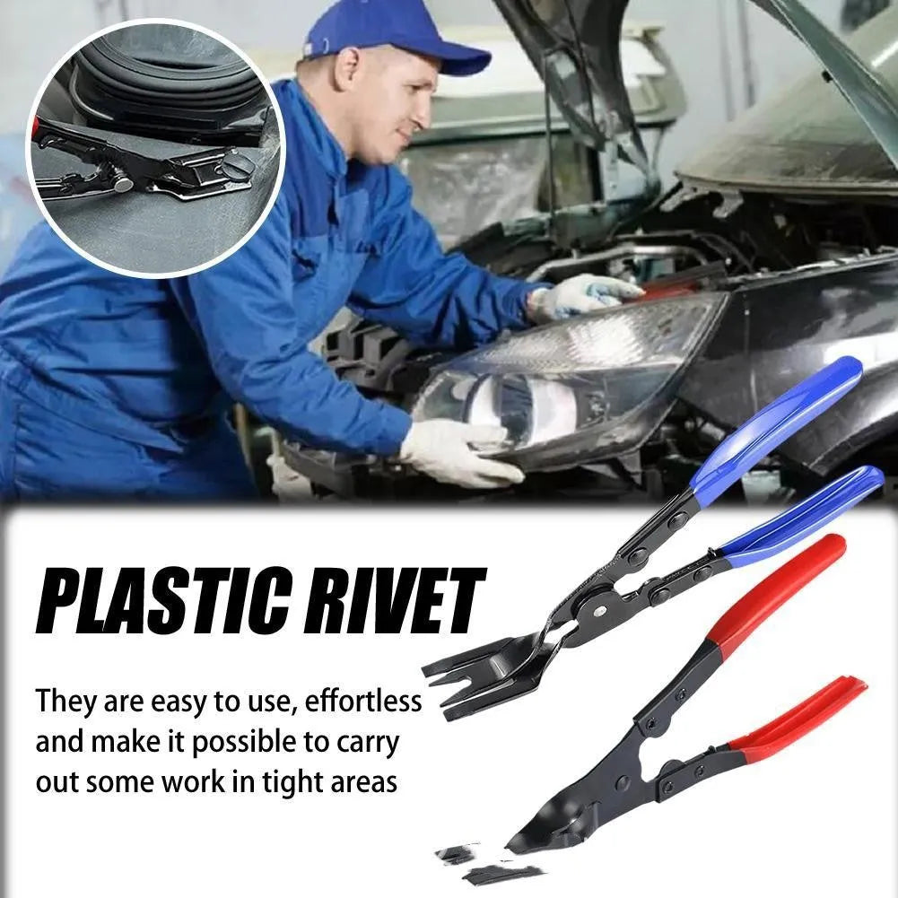 Steel car universal disassembly separator pliers with blue handles for removing interior clamps and door panels.