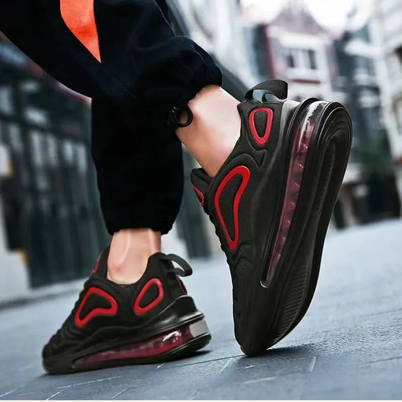 Men's black casual shoes with air cushion design, lace-up front, and thick sole for outdoor running