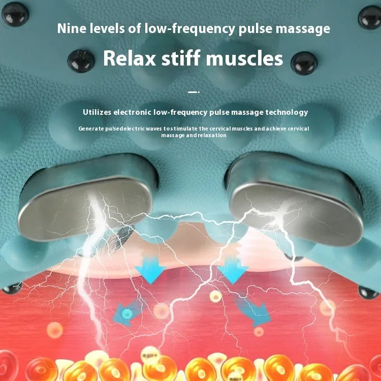 Blue-green portable massage pillow for neck and shoulder with EMS, heat, and vibration functions