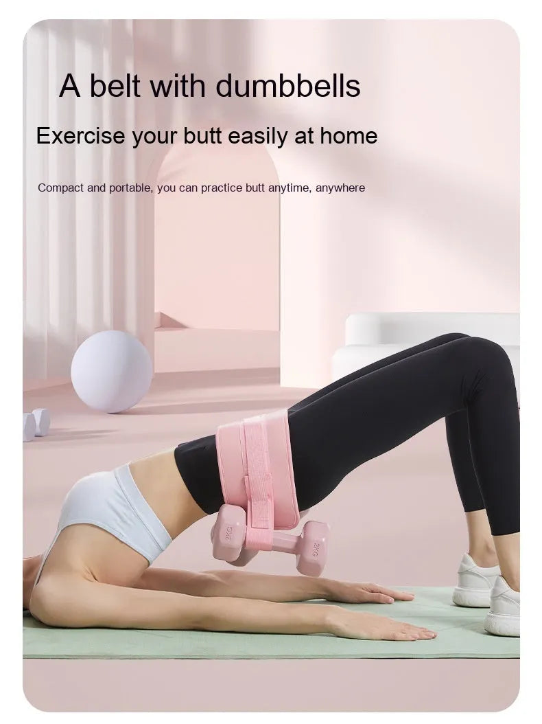 Black fitness belt for weighted hip bridge exercises with dumbbells