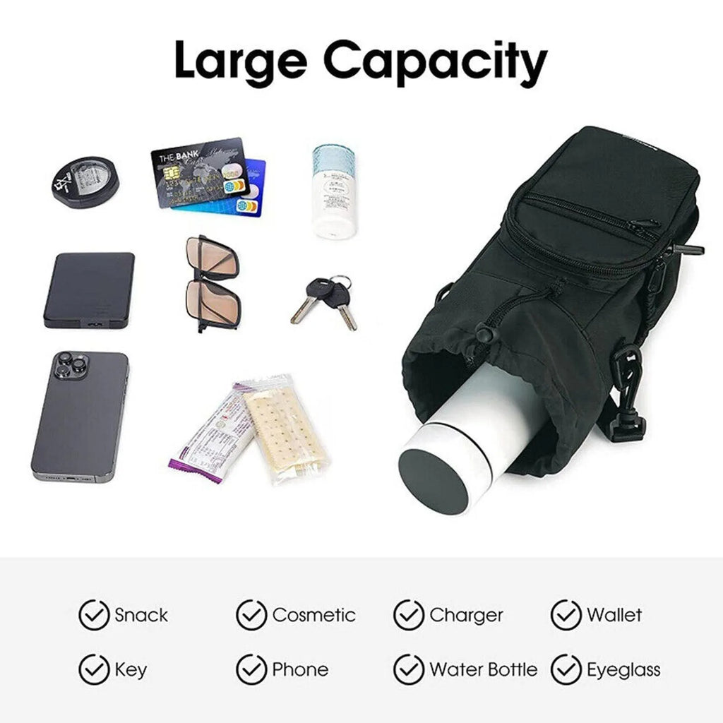Canvas water bottle pouch with crossbody strap in black, green or pink colours