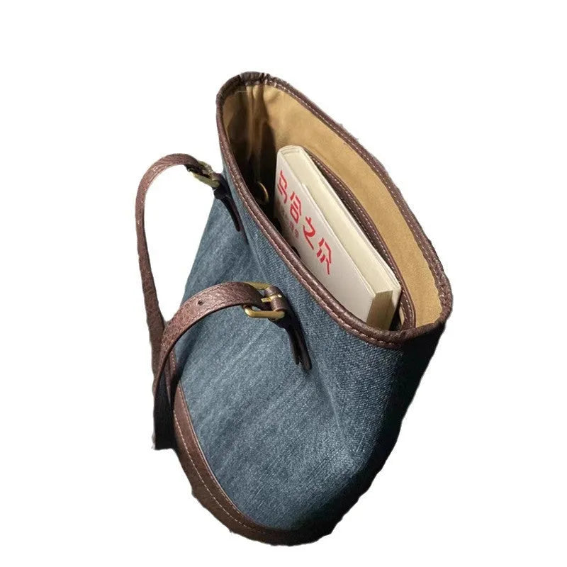 Denim colour patchwork handbag with retro bucket design showing 23cm width, 27cm height dimensions