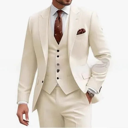 Men's slim fit three-piece suit in a chemical fibre blend, shown in multiple colour options.