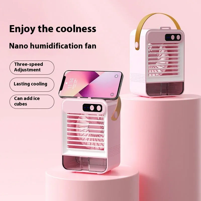 A compact dark green or ivory white desktop air humidifier with USB port, shown on a desk.