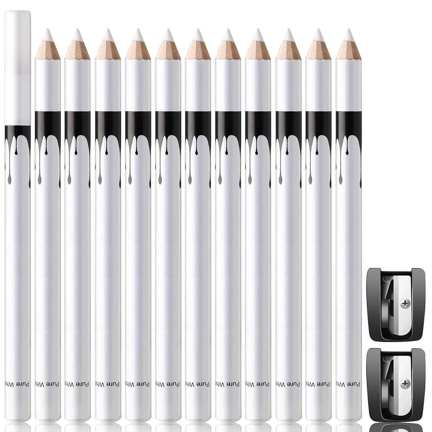 12 white and black eyeliner pencils with sharpener in waterproof makeup set