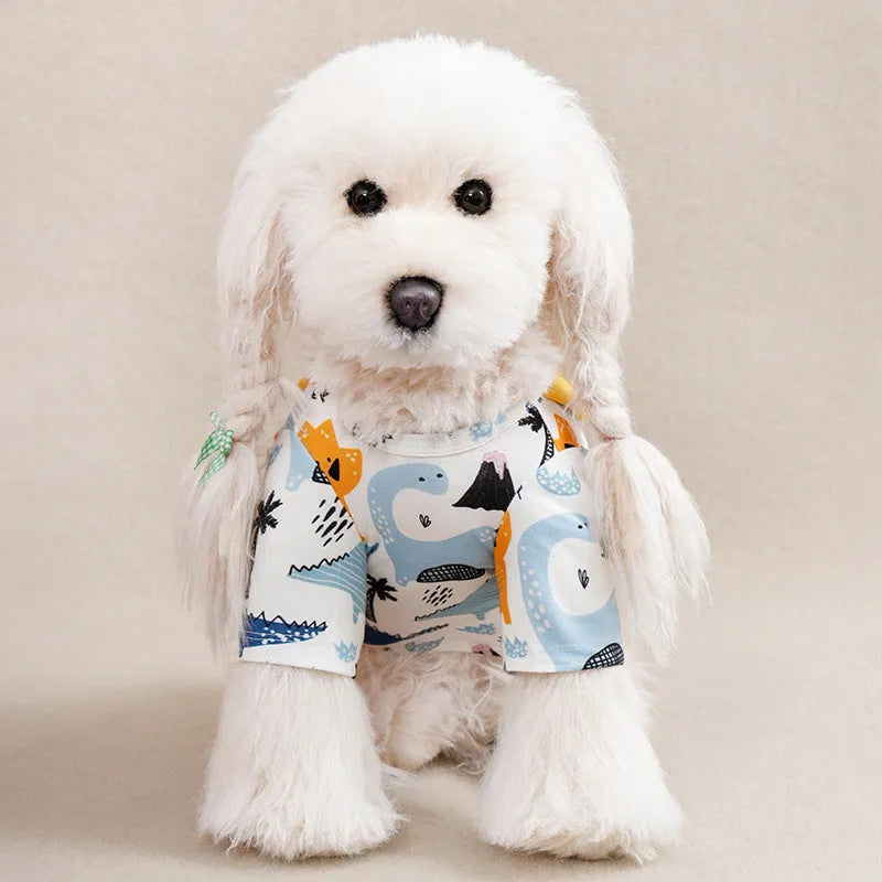 Full printed polyester t-shirt for small dogs in various colours, showing size chart for S, M, L, XL, XXL.