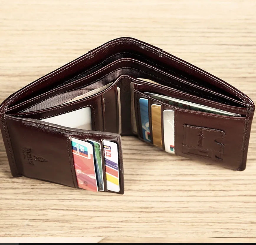 Men's leather wallet showing internal card slots, banknote folder, coin pocket, and document positions