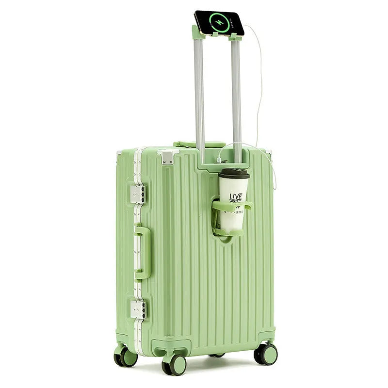 Hard-shell aluminium frame suitcase in avocado green with USB port and universal wheels.