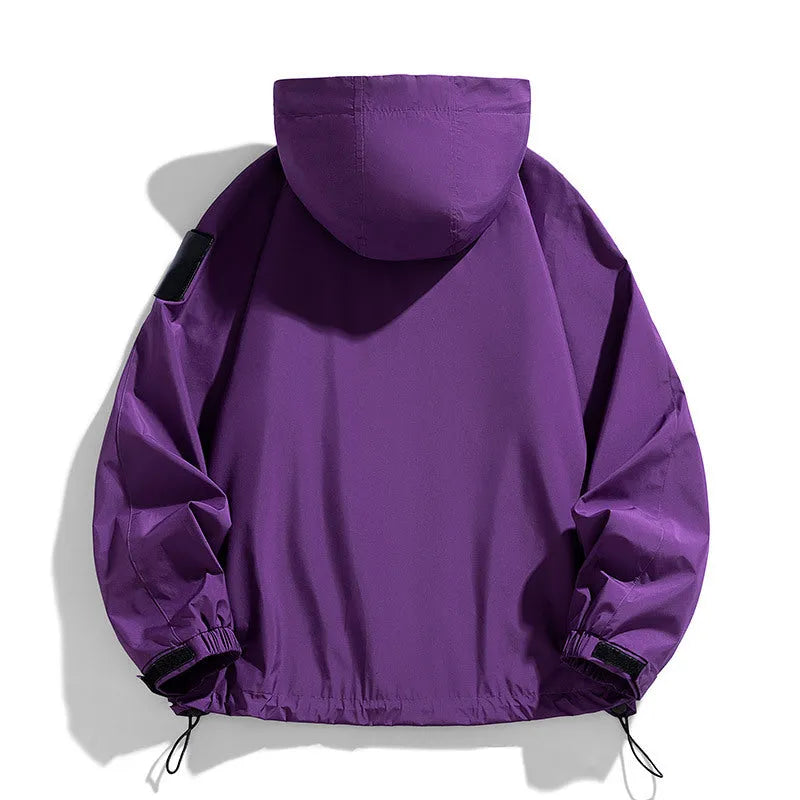 Men's black waterproof windproof hooded coat with long sleeves on a hanger.
