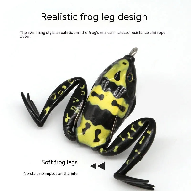 Bionic frog snake head fishing lure with double hooks in grass green and black/yellow dots colour options