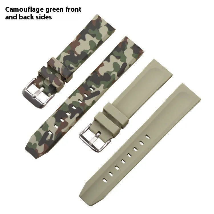 Camouflage pattern silicone watch strap showing flat head universal design with width measurement options