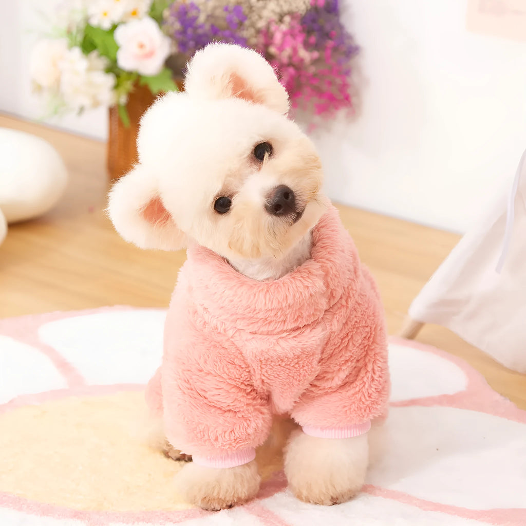Four-legged thick plush dog clothes with high collar and towing ring in blue colour